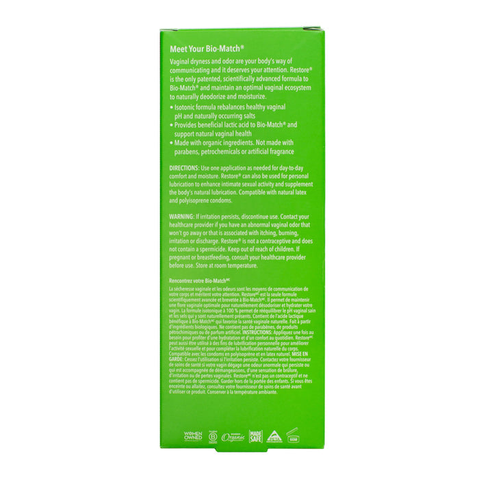The image shows the back of a green box for Good Clean Loves Restore pH-Balancing & Moisturizing Vaginal Gel. It describes its pH-balanced formula that supports vaginal health, lists ingredients and directions, includes a warning, and displays various certifications at the bottom.