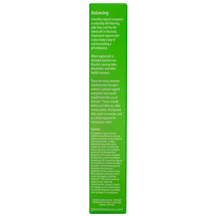A green product box for Good Clean Loves Restore pH-Balancing & Moisturizing Vaginal Gel highlights vaginal health, emphasizing the importance of a pH-balanced formula and how stress and medications can cause dryness. Visit goodcleanlove.com for more details.
