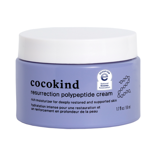 The Cocokind Resurrection Polypeptide Cream in a 1.7 fl oz/50 ml light purple jar provides deep hydration, targets fine lines and wrinkles, and features bilingual labeling with a certification logo.