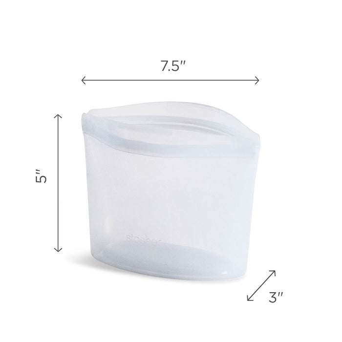 Meet the Stasher Reusable 2-Cup Bowl: a clear, food-grade silicone container ideal for on-the-go use. It measures 7.5 wide x 5 tall x 3 deep and includes a resealable top for convenience and freshness.