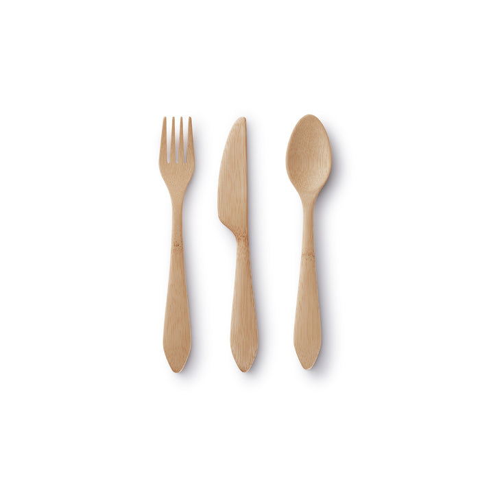 The Bambu Reusable Bamboo Spoon, Knife & Fork Set—crafted from FSC-certified bamboo—is arranged side by side on a white background.