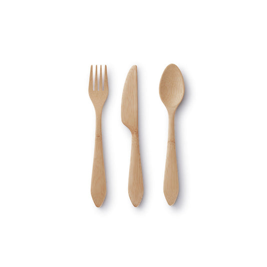 The Bambu Reusable Bamboo Spoon, Knife & Fork Set—crafted from FSC-certified bamboo—is arranged side by side on a white background.