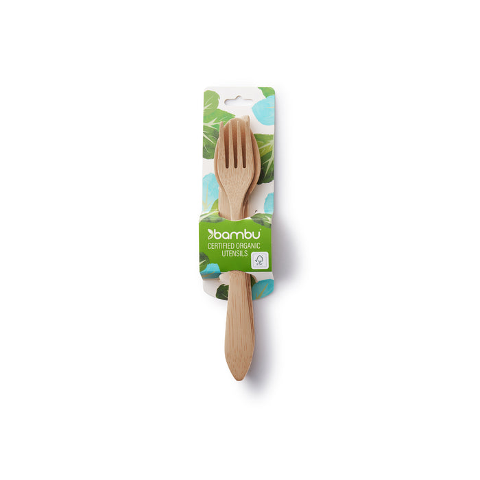 The Bambu Reusable Bamboo Spoon, Knife & Fork Set is made from FSC certified bamboo and comes packaged with a green and white bambu Certified Organic Utensil label, shown against a white background.