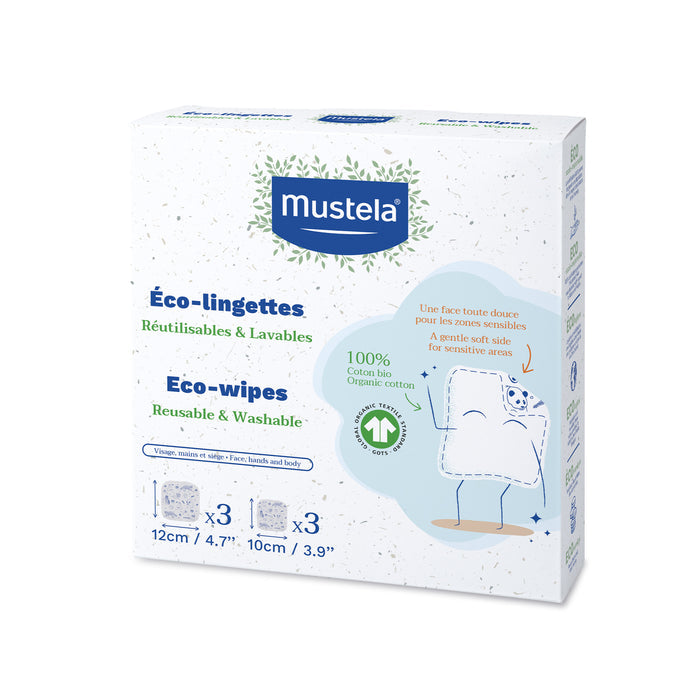 Mustelas Reusable Eco-Wipes box is ideal for family-friendly cleanups, featuring French and English illustrations and text. Made from 100% organic cotton, these wipes come in sizes of 12cm x 12cm and 10cm x 10cm.