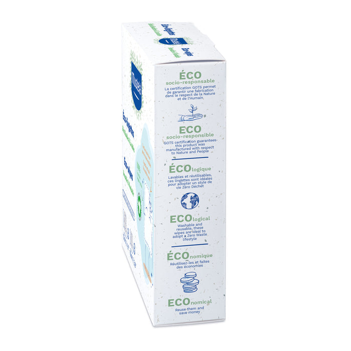 Side view of a white box detailing Mustela Reusable Eco-Wipes eco-friendly features, emphasizing their socio-responsible, ecological, and economical benefits. Blue and green graphics illustrate sustainability and cost savings using organic cotton wipes.