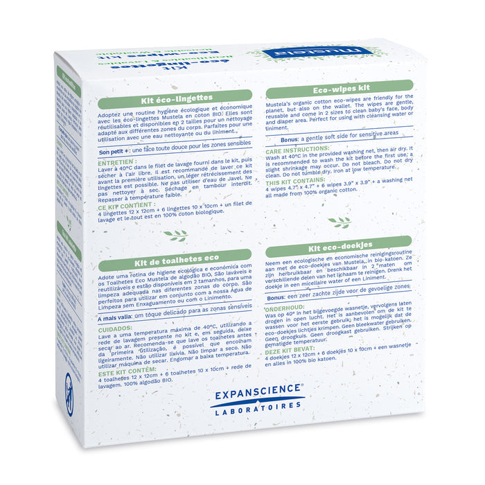 A Mustela Reusable Eco-Wipes kit box displays product info in English, French, and Spanish, emphasizing eco-friendly organic cotton wipes and usage instructions ideal for family cleanups.
