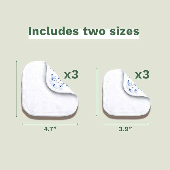 Wipe size diagram. 3x large wipe measures 4.7" x 4.7". 3x large wipe measures 3.5" x 3.5". Additional text: Includes two sizes.