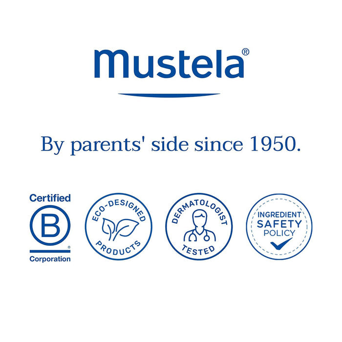 Mustela. By parents' side since 1950. Badges: Certified B Corporation, Eco-Designed Products, Dermatologist Recommended, Ingredient Safety Policy