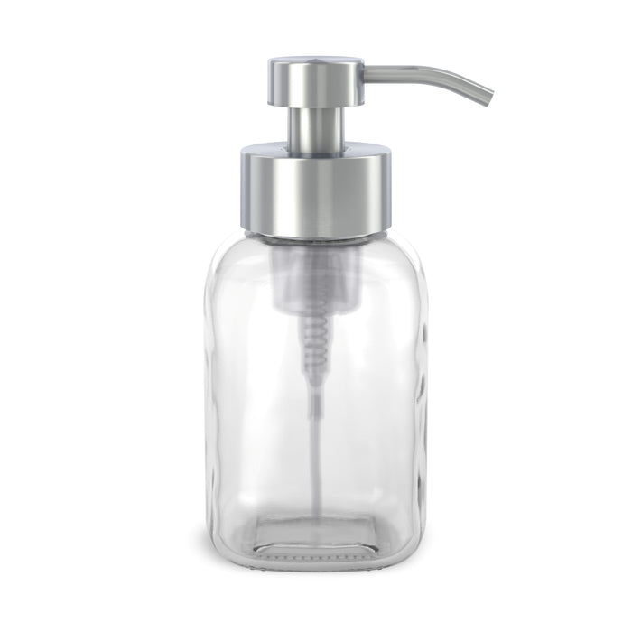 The Grove Co. Reusable Glass Foaming Hand Soap Dispenser features a clear bottle with a silver pump and textured lines for grip. Its sleek, minimalist design reduces plastic waste, making it an eco-friendly choice for modern homes.