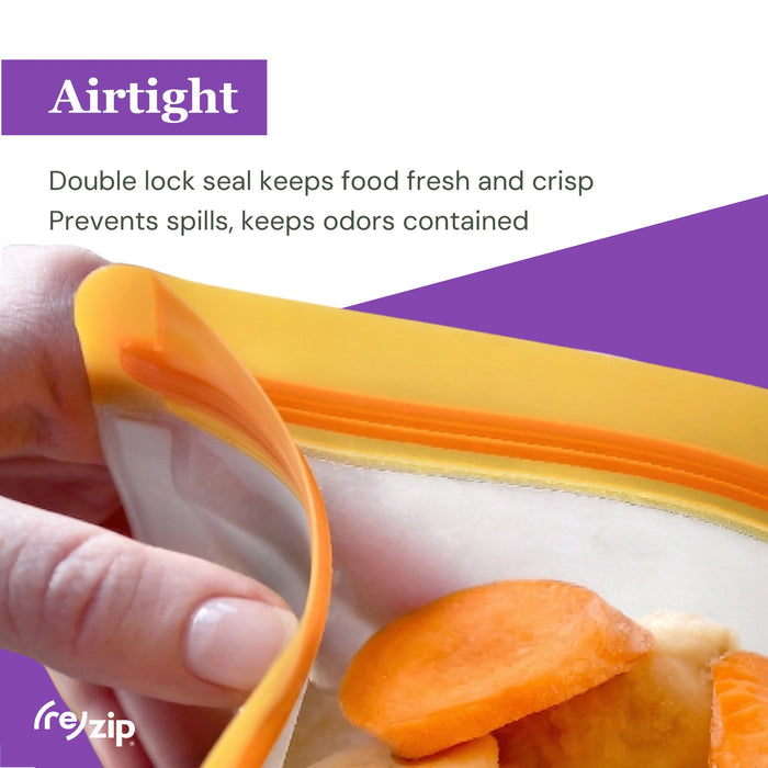 A hand seals a (re)zip Reusable Leakproof Bags Stand-Up Starter Kit filled with sliced carrots. Text: “Airtight double lock seal keeps food fresh, prevents spills, and contains odors.” (re)zip logo at bottom left.