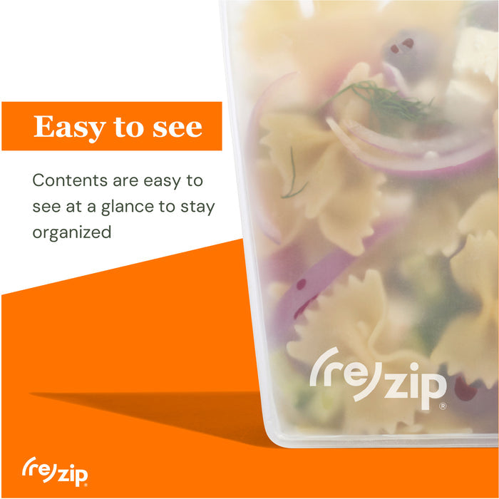 A (re)zip Reusable Leakproof Bags Stand-Up Starter Kit holds bowtie pasta, red onion slices, and herbs. Text: Contents are easy to see at a glance in these reusable bags to help you stay organized.