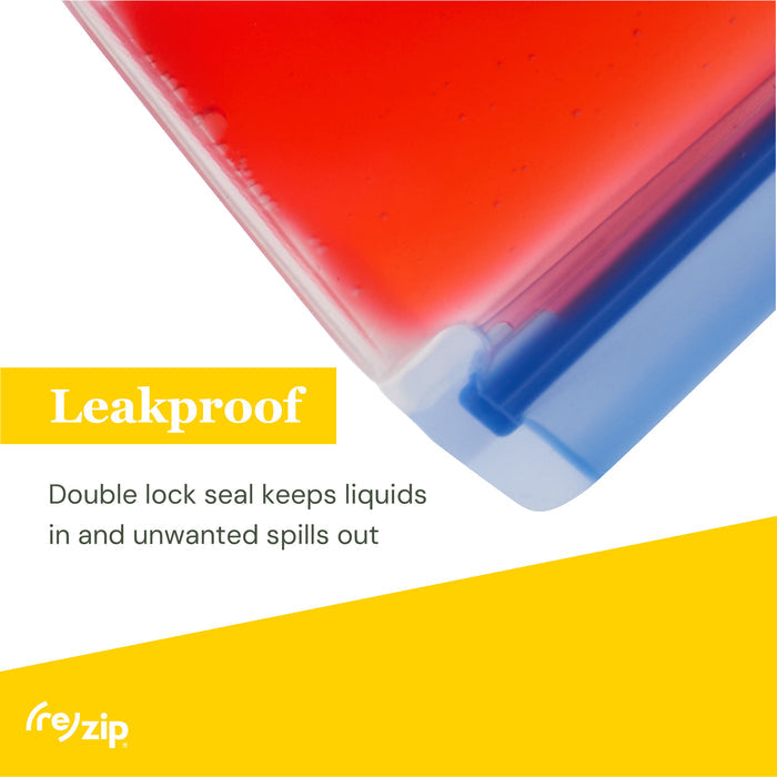 A close-up of a blue (re)zip Reusable Leakproof Bags Stand-Up Starter Kit filled with red liquid. Text: Leakproof double lock seal keeps liquids in and spills out. The (re)zip logo is visible in the corner.