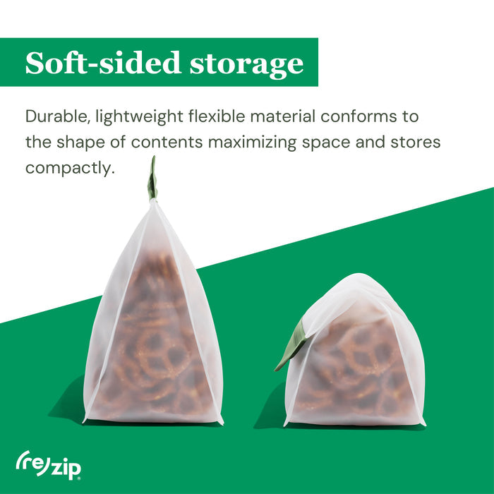 Two (re)zip Reusable Leakproof Bags from the Stand-Up Starter Kit, filled with pretzels, are shown on a green and white background. These PEVA bags are durable, lightweight, freezer safe, and save space with their flexible design.