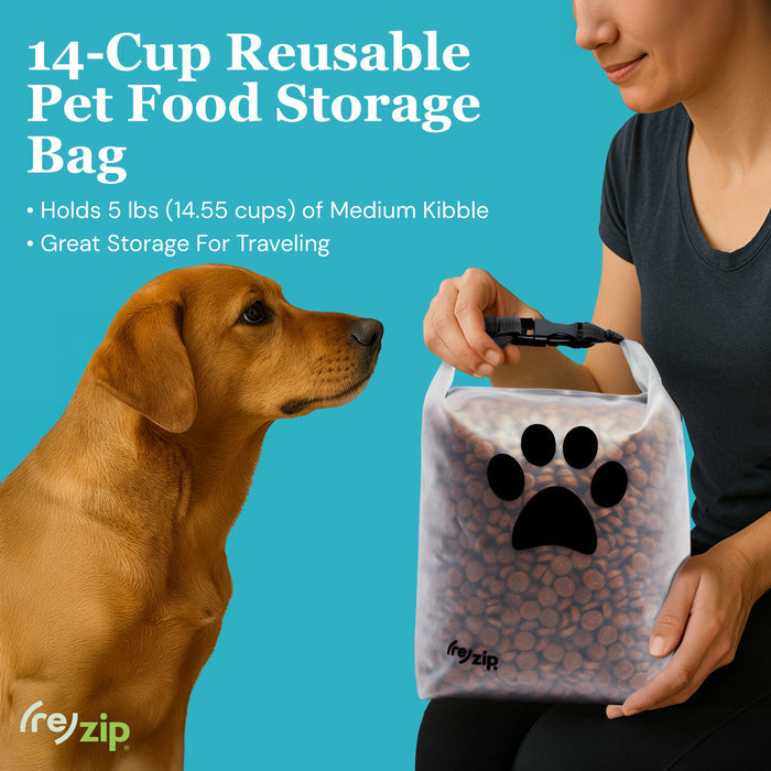 A woman holds the (re)zip Reusable Pet Food Storage Bag - Medium, 14 Cup, filled with kibble beside a brown dog. The bag features a large black paw print and is perfect camping dog gear for travel.