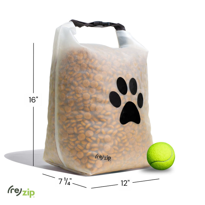 The (re)zip Reusable Pet Food Storage Bag - Large, 40 Cup stands upright beside a green tennis ball, featuring a black paw print and clear design. Sized 16" high x 12" wide x 7¼" deep—ideal for travel or home use.