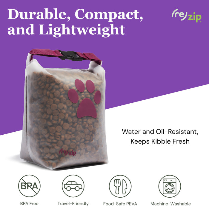 The (re)zip Reusable Pet Food Storage Bag - Large, 40 Cup, filled with kibble and marked by a maroon paw print, sits on a white and purple background. Durable, water-resistant, BPA-free, airtight, washable, and travel-friendly.