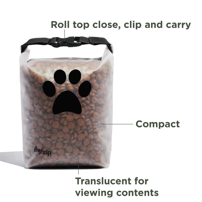 The (re)zip Reusable Pet Food Storage Bag - Medium, 14 Cup is a translucent roll-top container with a black paw print. Features: roll top closure, clip & carry, compact design, and see-through sides for easy viewing—perfect for on-the-go kibble storage.