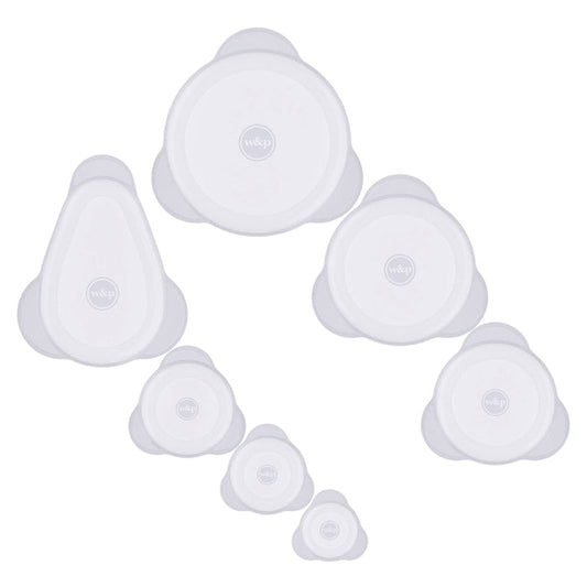Seven W&P Reusable Produce Saver Stretch Lids, in white silicone and oval/round shapes, cluster together. Featuring a central logo with text, these BPA-free covers seal containers of various sizes to keep your food fresh.