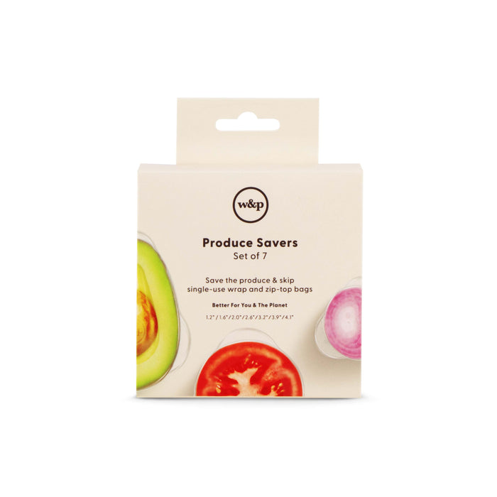 A set of 7 W&P Reusable Produce Saver Stretch Lids, with a packaging featuring images of avocado, tomato, and onion slices. The text highlights the BPA-free lids environmental benefits by reducing single-use wraps and bags.