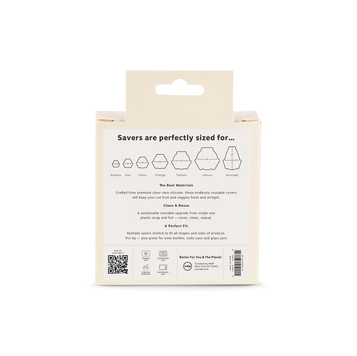 A white box from W&P, illustrated with lemons and avocados, features their Reusable Produce Saver Stretch Lids. Text highlights BPA-free silicones perfect fit and sustainability. A QR code sits at the bottom left.