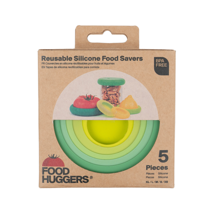 The Food Huggers Reusable Silicone Food Savers packaging presents five space-saving, green-toned savers. It highlights their BPA-free, eco-friendly materials with images of fresh produce preservation, underscoring the products mission.
