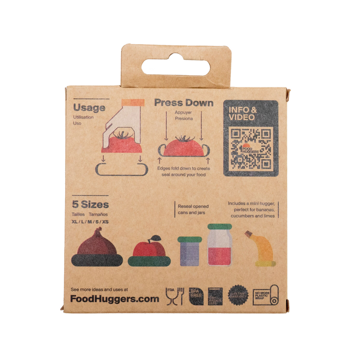 The image displays the back of a Food Huggers Reusable Silicone Food Savers box, showing illustrated usage instructions. A vibrant design features colorful food savers and a QR code labeled Info & Video. It highlights five sizes, offering fresh produce preservation and space-saving solutions.