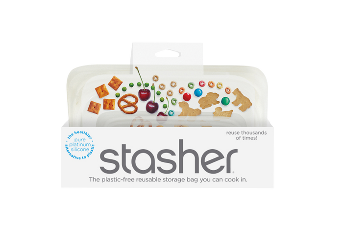 Stasher Reusable Silicone Snack Bag packaging features a see-through design with colorful beads and items inside, highlighting its storage. Text: A plastic-free, temperature-resistant reusable bag made from premium food-grade silicone perfect for cooking.