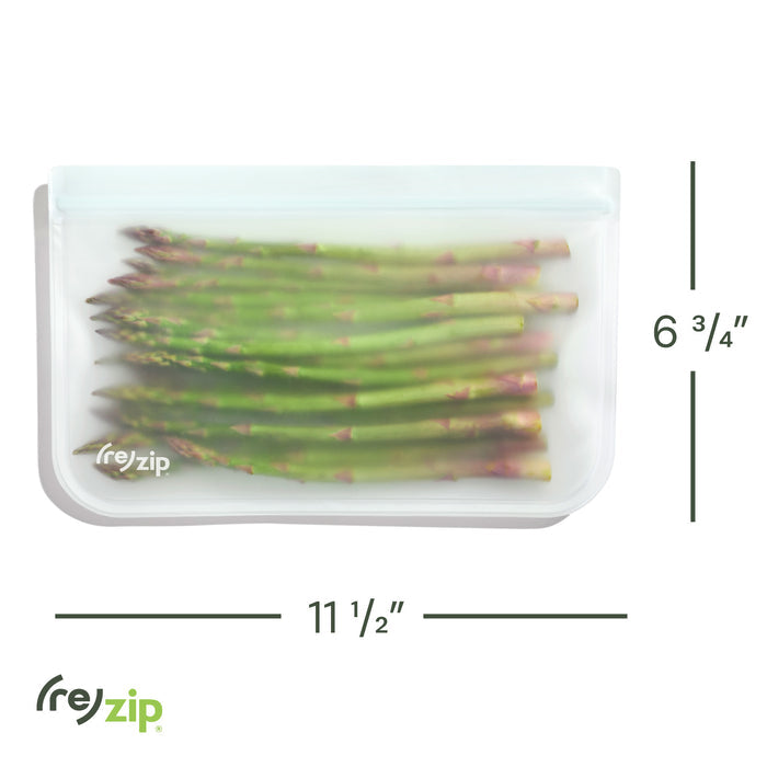 A Reusable Slim Deli & Leftover Bag from (re)zip, filled with asparagus spears, is shown next to measurements indicating it is 11 1/2" wide and 6 3/4" tall. The (re)zip logo appears in the bottom left corner.