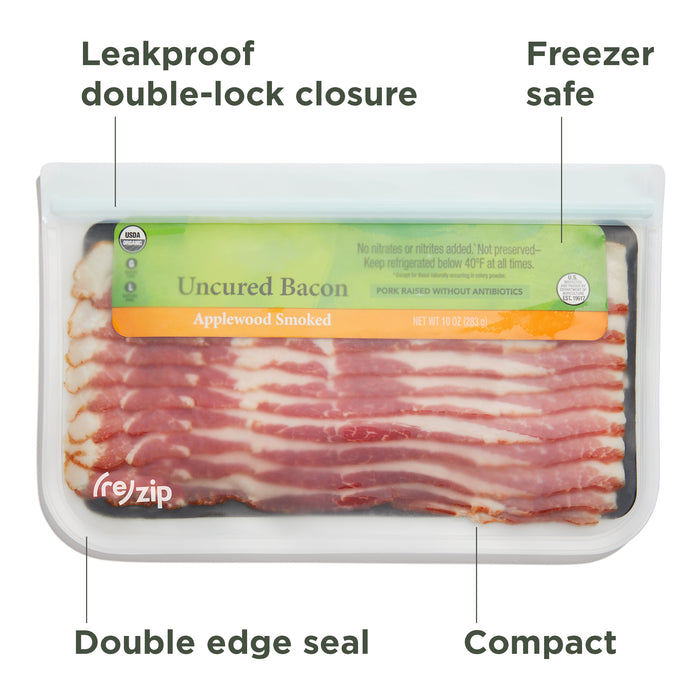 The (re)zip Reusable Slim Deli & Leftover Bags offer leakproof, BPA-free, freezer-safe storage with a double-lock closure, double edge seal, and compact size—perfect for storing uncured applewood smoked bacon strips.