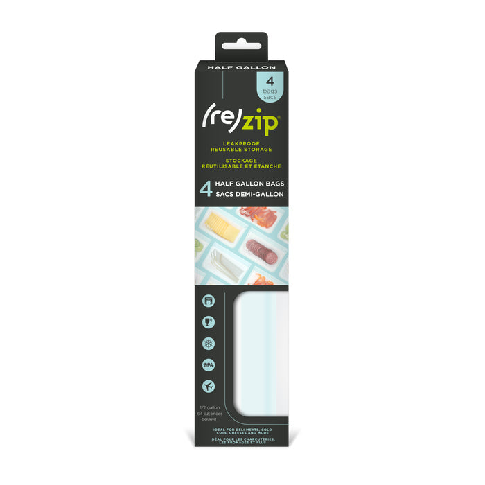 A package of (re)zip Reusable Slim Deli & Leftover Bags, half-gallon BPA-free, includes 4 leakproof reusable food storage bags. The mostly black packaging has green and blue accents and shows images of the bags with food.