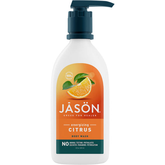 The Jason Revitalizing Citrus Body Wash features an orange slice label and a convenient pump top. Its a natural, cruelty-free body wash with no phthalates, sulfates, parabens, or petrolatum.