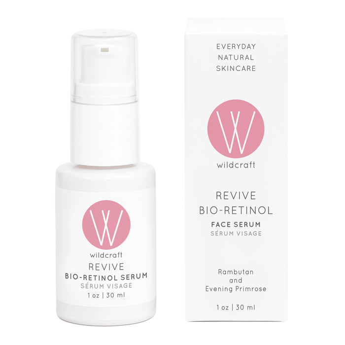 Wildcrafts Revive Bio-Retinol Face Serum comes in a white bottle and box with a pump dispenser and pink logo, highlighting its natural focus. It features plant-based retinol from rambutan and evening primrose, perfect for sensitive skin. Contains 1 oz (30 ml).