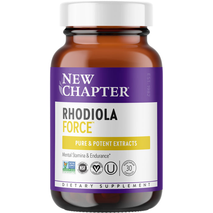 A brown bottle of New Chapter Rhodiola Force 300 Mental Health & Stamina features a purple and white label, promotes adaptogen support for stress, displays certification symbols, and contains 30 capsules.