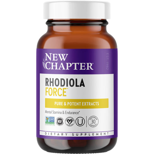 A brown bottle of New Chapter Rhodiola Force 300 Mental Health & Stamina features a purple and white label, promotes adaptogen support for stress, displays certification symbols, and contains 30 capsules.