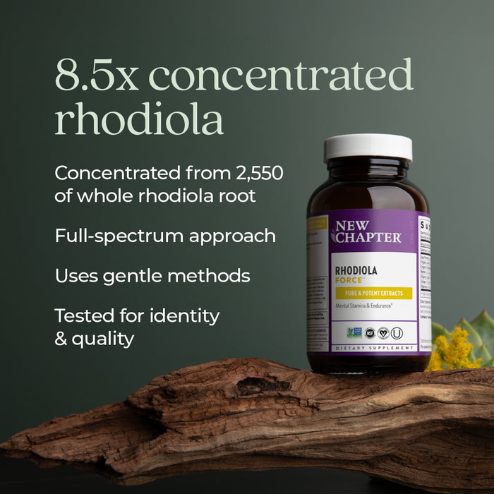A bottle of New Chapter Rhodiola Force 300 Mental Health & Stamina rests on wood, spotlighting its 8.5x concentrated, full-spectrum formula with gentle extraction and quality testing. Green background and yellow flowers evoke vitality and stamina.
