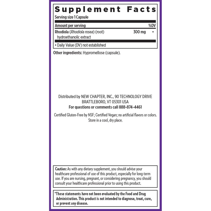The Rhodiola Force 300 Mental Health & Stamina by New Chapter features 300 mg of Rhodiola root extract per capsule for adaptogenic stress support; includes hypromellose capsule, gluten-free note, distributor info, caution, and FDA disclaimer.