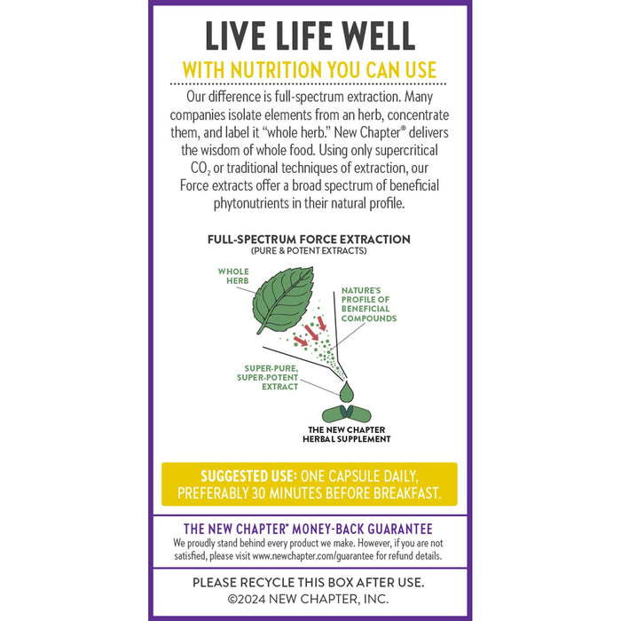 New Chapter Rhodiola Force 300 Mental Health & Stamina uses full-spectrum force extraction and features adaptogen benefits for stress support. Take one capsule daily. Money-back guarantee and recycling info included on the packaging.