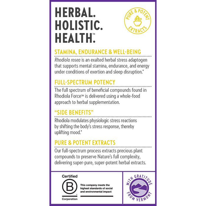 New Chapter Rhodiola Force 300 Mental Health & Stamina label reads: Herbal. Holistic. Health., promoting stamina, stress support, endurance, and well-being with full-spectrum herbal adaptogen extracts and a Vermont gratitude badge at the bottom.
