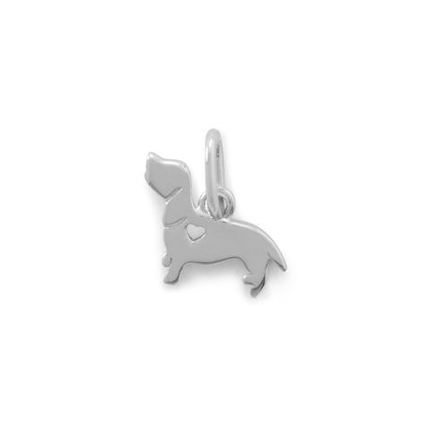 Rhodium plated dachshund charm with heart cutout, 10.2mm by 9.2mm, for bracelets or necklaces.