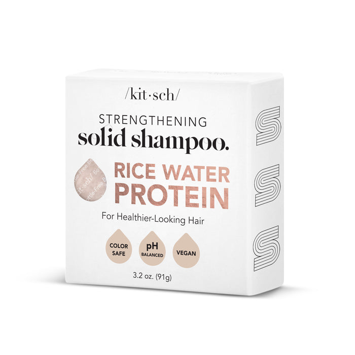 The 3.2 oz Kitsch Rice Water Protein Shampoo Bar in a white box contains rice water protein for repairing damaged hair, is color safe, pH balanced, vegan, and expertly designed for healthier-looking hair.