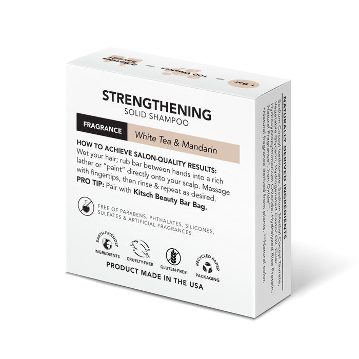 The Rice Water Protein Shampoo Bar by Kitsch is a solid shampoo that strengthens with White Tea & Mandarin fragrance. It repairs damaged hair with rice water, offering salon-quality results while being vegan-friendly, cruelty-free, and free from parabens, phthalates, and sulfates. Eco-friendly too.