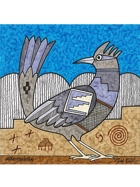 6" square wrapped canvas print featuring roadrunner by Hopi artist Gerald Dawavendewa