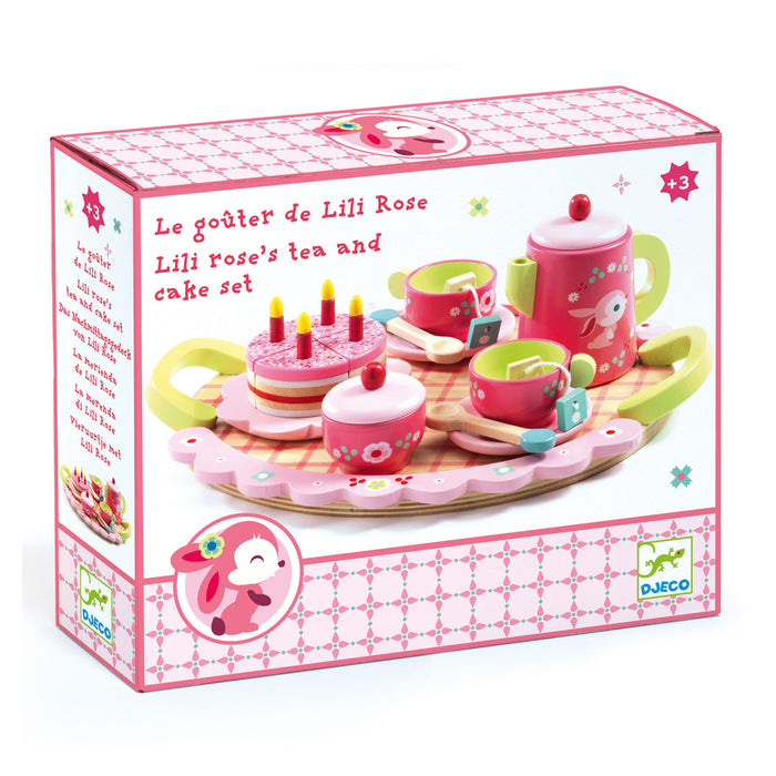 The DJECO Role Play Lili Roses Tea Party Set features a charming pink-themed toy tea set made from FSC® certified wood, including a teapot, cups, saucers, and a cake with candles on a tray. This imaginative set is non-toxic and suitable for ages 3 and up.