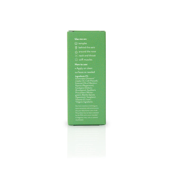 The Honey Belle Roll-on Remedy comes in a green box with application instructions and an ingredient list. Apply it to temples, behind ears, near the nose, neck, throat, and stiff muscles. Key ingredients are essential oils of lavender, eucalyptus, and chamomile.