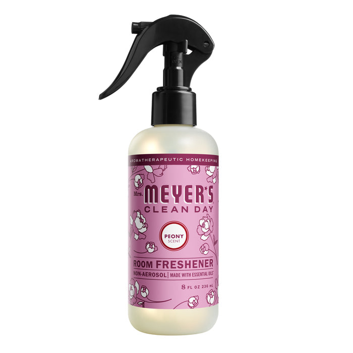 Mrs. Meyers Room Freshener features a trigger spray top with a pink floral Peony Scent label. This non-aerosol spray, infused with essential oils, comes in an 8 fl oz (236 ml) bottle for a refreshing experience.