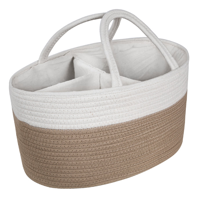 The Natemia Rope Diaper Caddy is a stylish two-tone fabric organizer, ideal for nursery storage. Made from GOTS Certified Organic Cotton, it features a white upper and beige lower section with handles and interior compartments perfect for organizing baby nappies and small items.