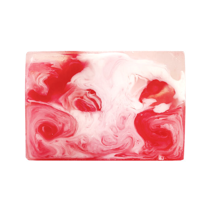 The Blooming Rose Soap Bar by Soapymania is a rectangular handmade soap with artistic red, pink, and white swirls. Its marbled design looks like a blooming rose, set against a plain white background to elevate its elegance.