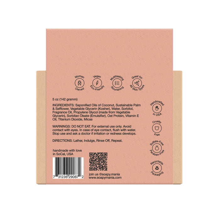The back of the Soapymania Rose Nectar Hydrating Bar Soap box lists ingredients, warnings, directions, social media info, and icons for cruelty-free, handmade, vegan, and recyclable. It has a pink background with black text and a barcode at the bottom left.