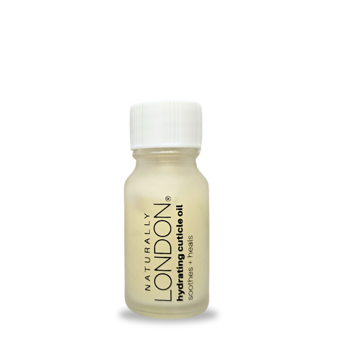 A small clear bottle with a white cap labeled Naturally London Rosehip Hydrating Cuticle Oil with Willow Bark, perfect for healthy nails, on a white background.