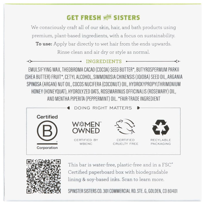 The Spinster Sisters Co. Rosemary Mint Conditioner Bar comes in sulfate-free packaging that lists its ingredients and showcases logos for Certified B Corporation, Women Owned, Certified Cruelty Free, and Recyclable Packaging, highlighting our focus on Fair Trade and sustainability. Contact details provided.